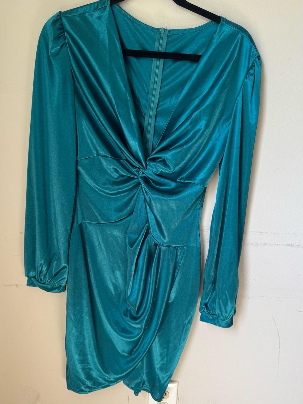 Teal Satin Twist Front Long Sleeve Mini Dress